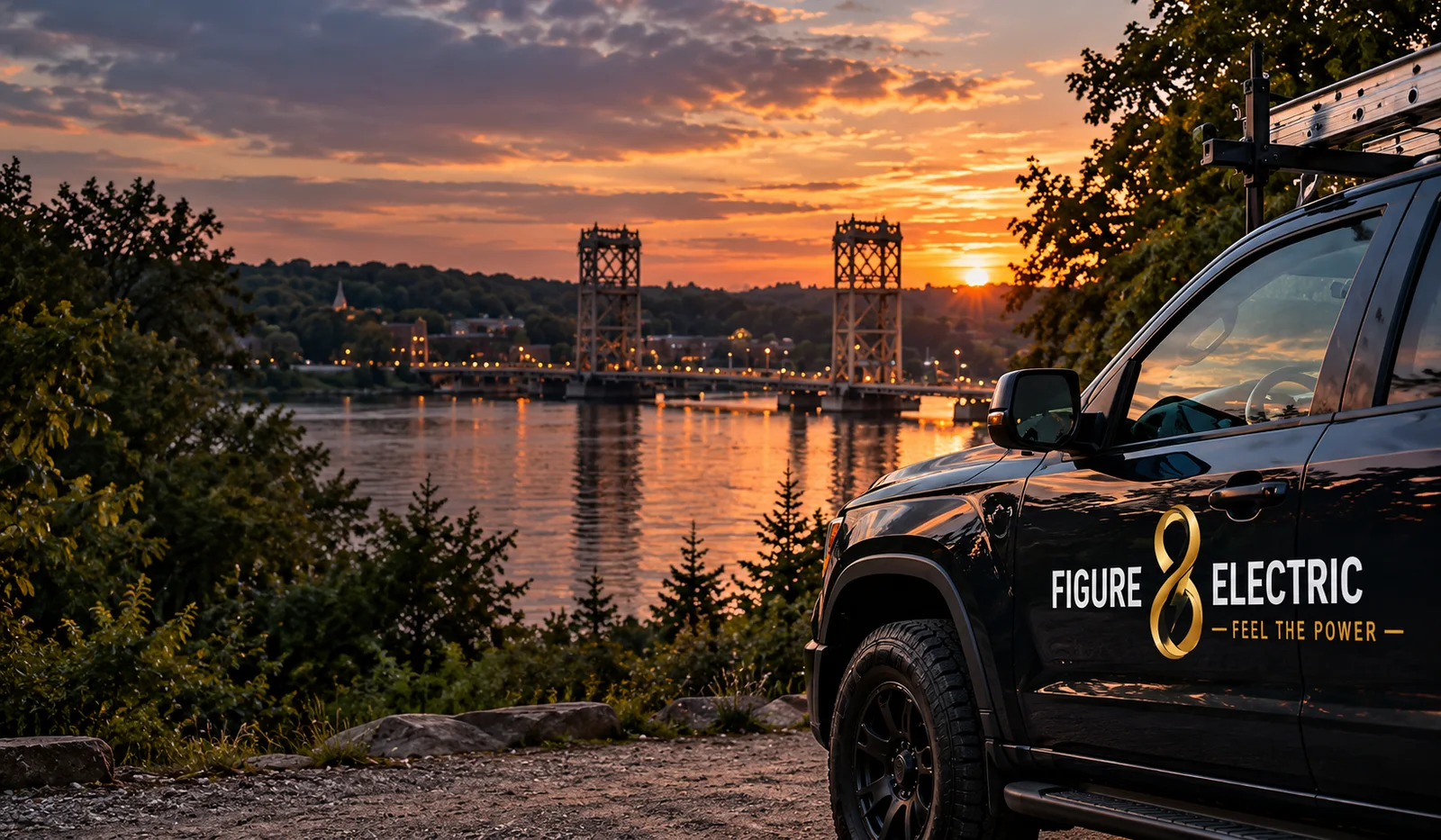 Illustrative Figure 8 Electrical work truck beside a river and lift bridge at sunset