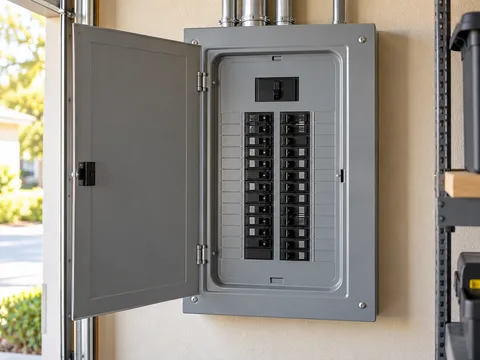 A residential breaker panel with neatly arranged circuits — illustrative service image
